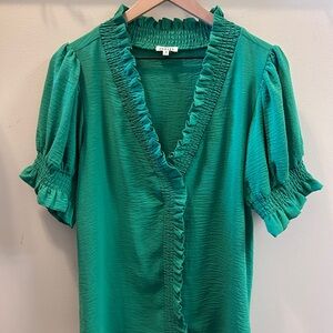 JODIFL Emerald Green Ruffle V-Neck Puff Sleeve Blouse